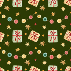 Pattern for New Year, Christmas, Birthday and other holidays. Christmas seamless pattern with gift boxes on green background. New year watercolor design. Wrapping paper for Christmas gift boxes.