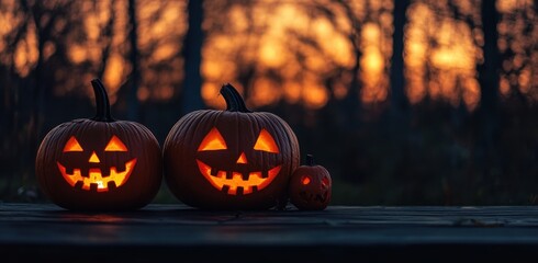 Glowing Halloween pumpkins on an old wooden table with copy space, against a sunset-lit autumn forest. Realistic and high-quality, ideal for seasonal and festive design concepts.