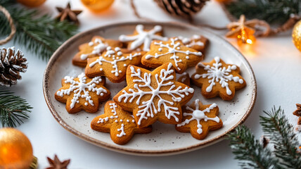 Delicious gingerbread cookies decorated for Christmas Day on a festive table setting