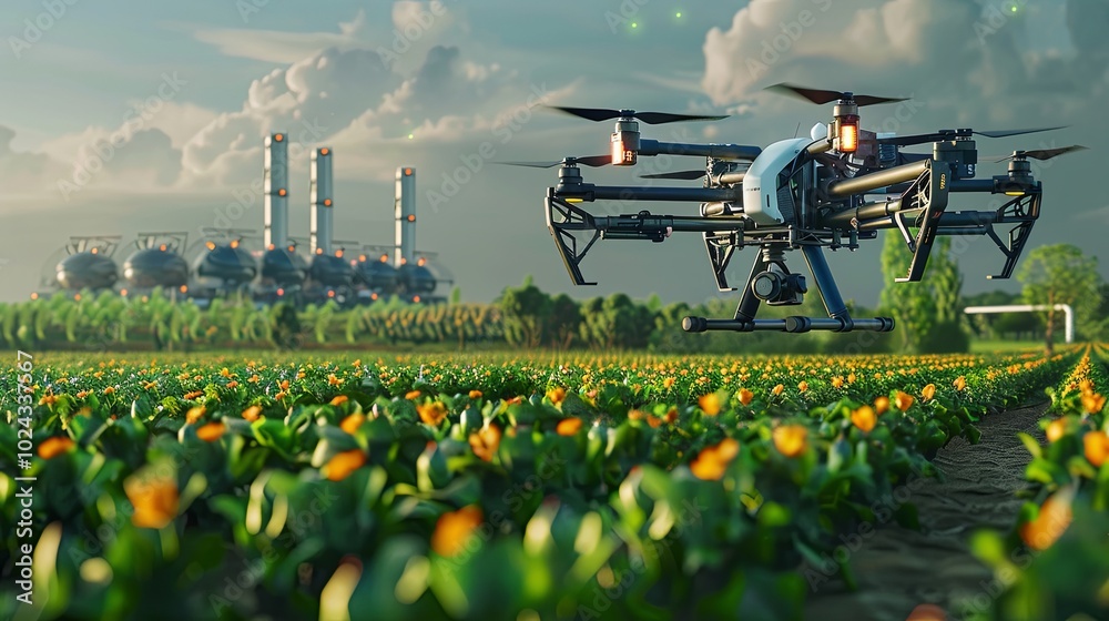 Aufkleber Drones and sensors work together to optimize crop health on a modern, high-tech farm using artificial intelligence solutions. Generative AI