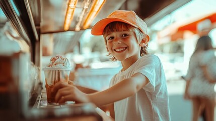 A young boy enjoys ice cream at a bright outdoor stand on a sunny day in summer, smiling joyfully while holding his treat