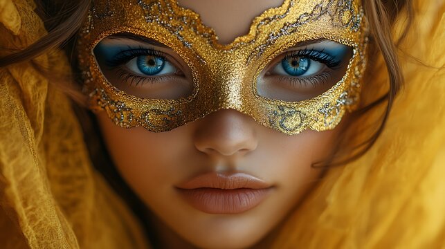 Close-up portrait of a beautiful woman with blue eyes wearing a golden masquerade mask and yellow fabric.