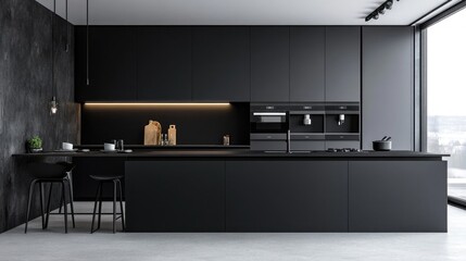 A modern kitchen with a seamless matte black finish