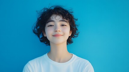 50. A teenager with a confident expression, leaning slightly forward with a smirk, against a bright blue backdrop.