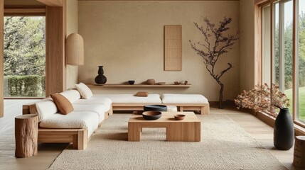 Obraz premium Japandi-inspired luxury living room featuring minimalist wooden furniture, natural tones, and simple yet elegant decor for a balanced, serene environment.