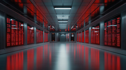 futuristic corridor with glowing red lights and digital displays creates high tech atmosphere. sleek design and reflective surfaces evoke sense of advanced technology and innovation