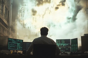 Lone Trader Observes Dissolving Investment Charts in Natural Light