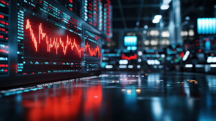 Fototapeta premium High tech financial trading screen displaying red warning signals and stock market data in dark environment. atmosphere conveys urgency and alertness