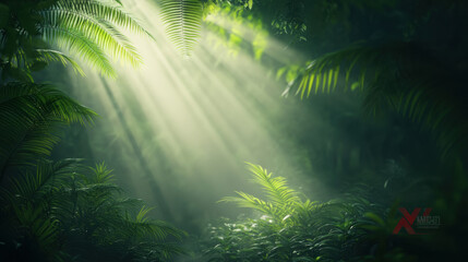 Misty morning in tropical jungle with light rays illuminating lush greenery, creating serene and tranquil atmosphere