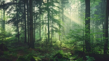 Naklejka premium Mystical Forest Path with Sunlight Beams