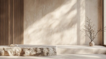  Concrete tabletop on wooden wall panels background for product presentation. Empty countertop with vertical slats. Aesthetic podium mockup in modern studio interior. 