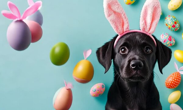 Black dog wearing bunny ears surrounded by colorful Easter eggs, concept of festive pet fun

