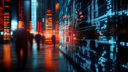 Digital stock board displays flashing red alarm lights, creating vibrant atmosphere in modern financial environment. blurred figures of people add sense of urgency and activity