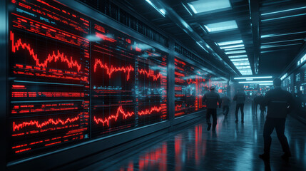 Fototapeta premium image depicts stock traders in high tech environment, with red alarms flashing on digital stock boards, creating sense of urgency and activity