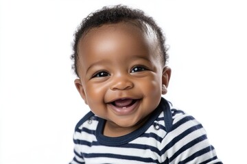 Smiling baby with striped shirt showing first teeth against white background Generative AI