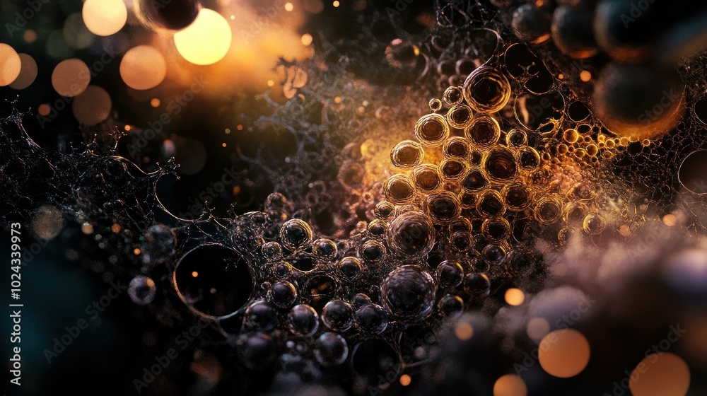 Poster abstract representation of bubbles and textures, evoking a sense of depth and complexity.