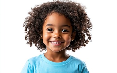 Smiling young girl with curly hair wearing a light blue shirt against white background Generative AI