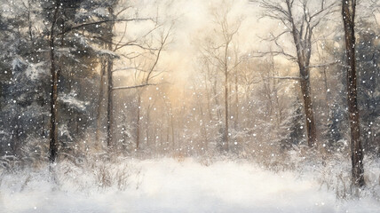 A tranquil winter solstice morning in a snow-covered forest glade with softly falling snowflakes