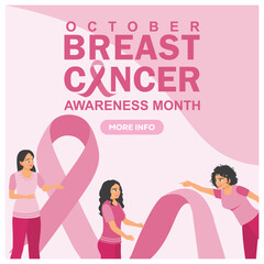 Group of women with pink ribbons. Celebrating breast cancer awareness month. Breast cancer awareness concept. Flat vector illustration.