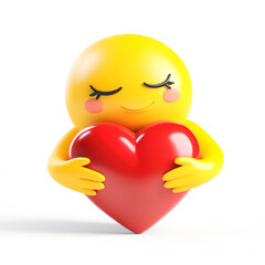 Yellow face emoticon with closed eyes hugging a red heart with both hands showing care 3d emoji isolated on white background