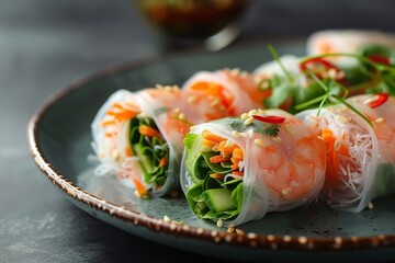 Plate of appetizing-looking spring rolls. dark background, Generative AI.