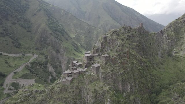 Stunning scenery of a mountain village built of stone. Mutso, Khevsureti, Georgia