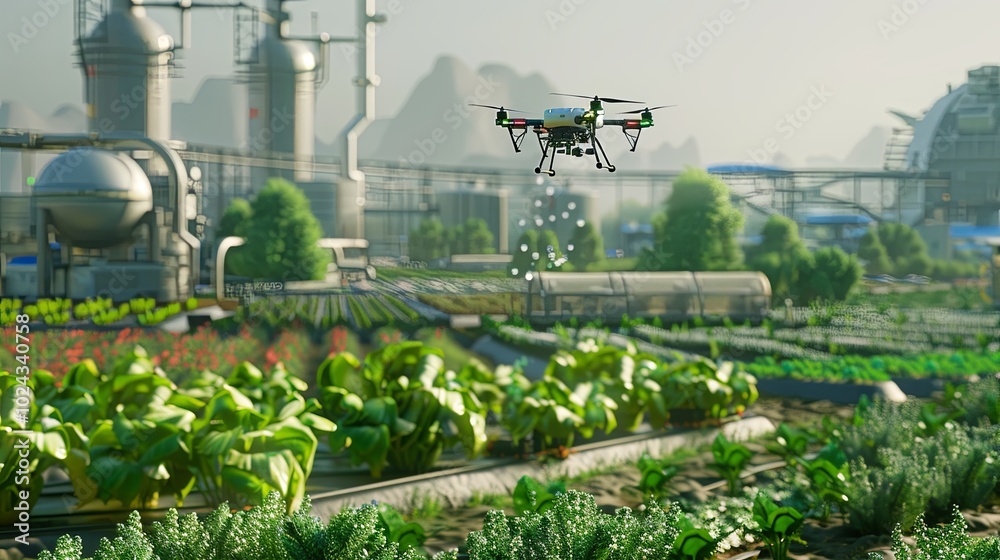 Aufkleber A high-tech farm features drones and sensors managed by AI, ensuring effective monitoring and enhancing cropping techniques in agriculture. Generative AI