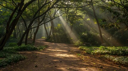 Obraz premium Sunbeams Illuminating a Forest Path