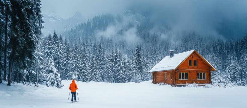 A lone skier stands in a snowy clearing, with a wooden cabin and snow-covered trees in the background.