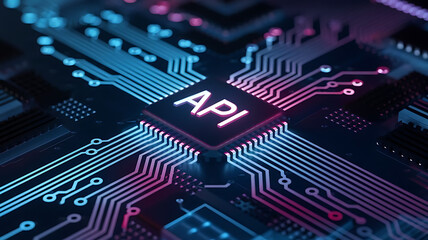 Fototapeta premium API microchip, Application Programming Interface, Business, modern technology, API chip on a cricuit board