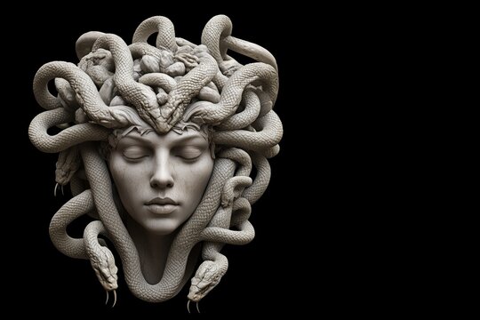 Stone Medusa head sculpture surrounded by snakes on black background
