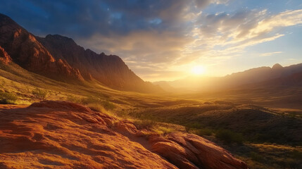 Breathtaking desert landscape featuring vibrant red rock formations under dramatic sky at sunset, showcasing beauty of natures colors and textures