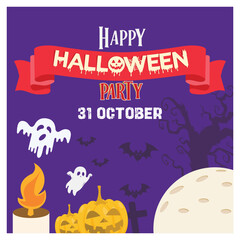 Fun Halloween night party. Flying ghosts, bats, pumpkins and candles. Halloween party concept. Flat vector illustration.