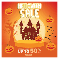 Halloween sale promotion with product display podium. Halloween pumpkin with castle and bats. Halloween party concept. Flat vector illustration.