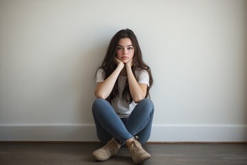 A young woman sits on the floor against a plain wall, resting her chin on her hand and looking
