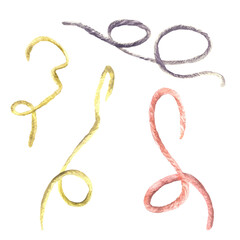 Thread or yarn, rope in pink, red, grey, yellow green color. Watercolor hand drawn illustration. Pieces of yarn scraps. Element for handicraft hobby product design. Clipart isolated from background