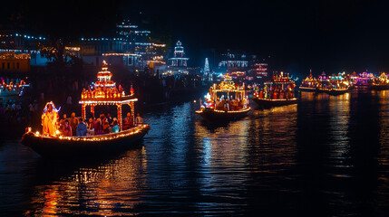 boat procession on river during Kartik Purnima, boats decorated with lights and flowers, priest sitting in boat leading prayers, night sky full of stars and reflection of light from river