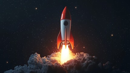 Fototapeta premium A red and white rocket launches into space against a starry sky.