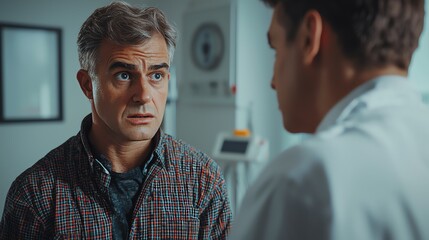 Fototapeta premium A concerned patient interacts with a doctor in a clinical setting, showcasing the importance of communication in healthcare.
