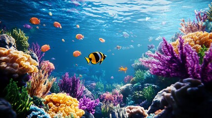 Obraz premium Vibrant underwater scene with colorful coral reefs and tropical fish.