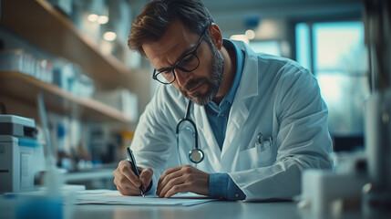 Male doctor is carefully examining medical records, highlighting the importance of accurate documentation in healthcare
