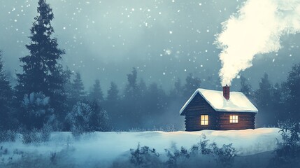 Cozy cabin in snowy forest with smoke rising from chimney.