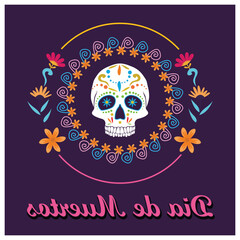  Day of the Dead celebrations in Mexico. Painted skull with flowers. Day of the Dead concept. Flat vector illustration.