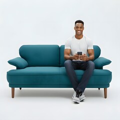A casually dressed man sitting on a modern blue sofa, holding a smartphone and smiling, with a plain white background. Ideal for tech, lifestyle, and home decor themes