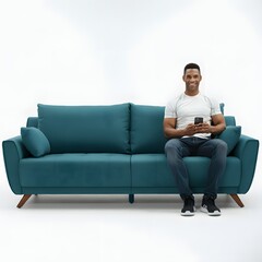 A casually dressed man sitting on a modern blue sofa, holding a smartphone and smiling, with a plain white background. Ideal for tech, lifestyle, and home decor themes