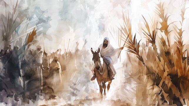 Jesus' triumphant entry on a donkey with palm branches and crowd