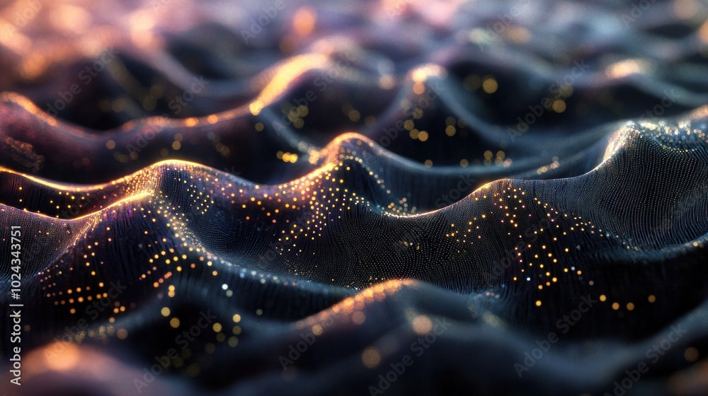 Poster abstract representation of flowing waves with illuminated particles, suggesting movement and depth.