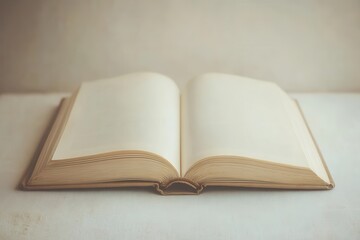 Fototapeta premium An open, thick book placed on a simple beige surface. The white pages are blank, catching soft
