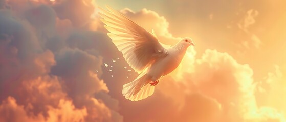 symbolic dove soaring across a dazzling sky, its wings highlighted by gentle light that creates an ethereal environment, symbolizing peace and spirituality, Generative AI.