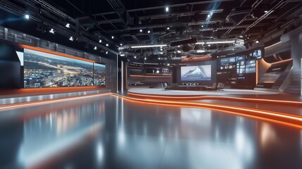 TV news, virtual studio background. Ideal also for online shows or live events. Modern 3D rendering backdrop suitable on VR tracking system stage sets